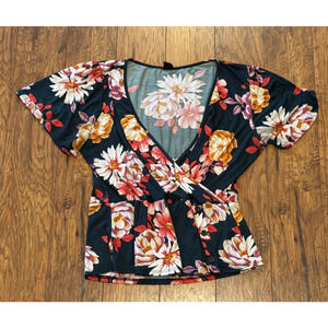 THIS & MORE Young Contemporary Dark Green Floral Wrap Blouse - Women's Size XL